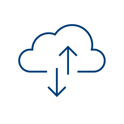 Simple cloud icon with an upward arrow and a downward arrow, representing data upload and download. The design is minimal with blue lines on a light gray background.