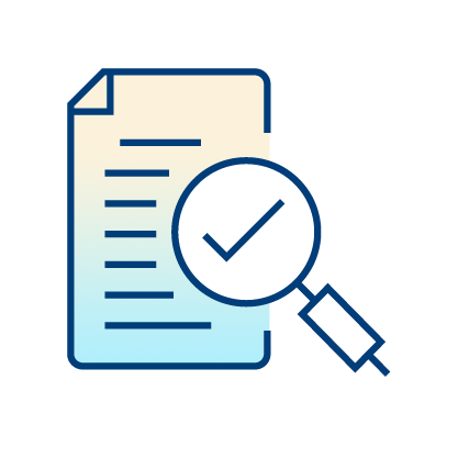 Icon of a document with horizontal lines, symbolizing text, and a magnifying glass overlay featuring a check mark, representing review, verification, or approval of information.