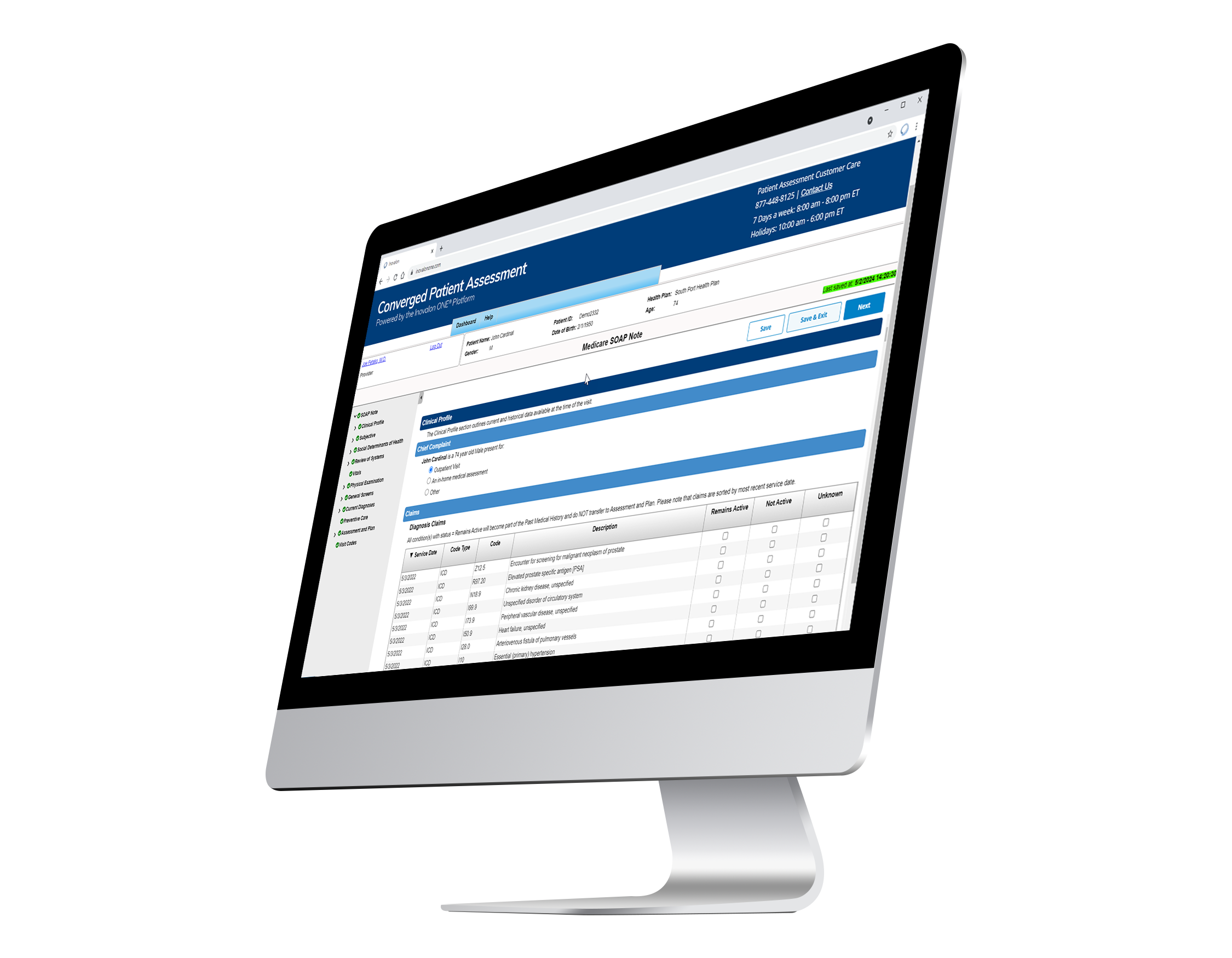 An angled view of a desktop computer displaying a web-based patient assessment form titled Comprehensive Patient Assessment with tabs, fields, and checkboxes on the screen.