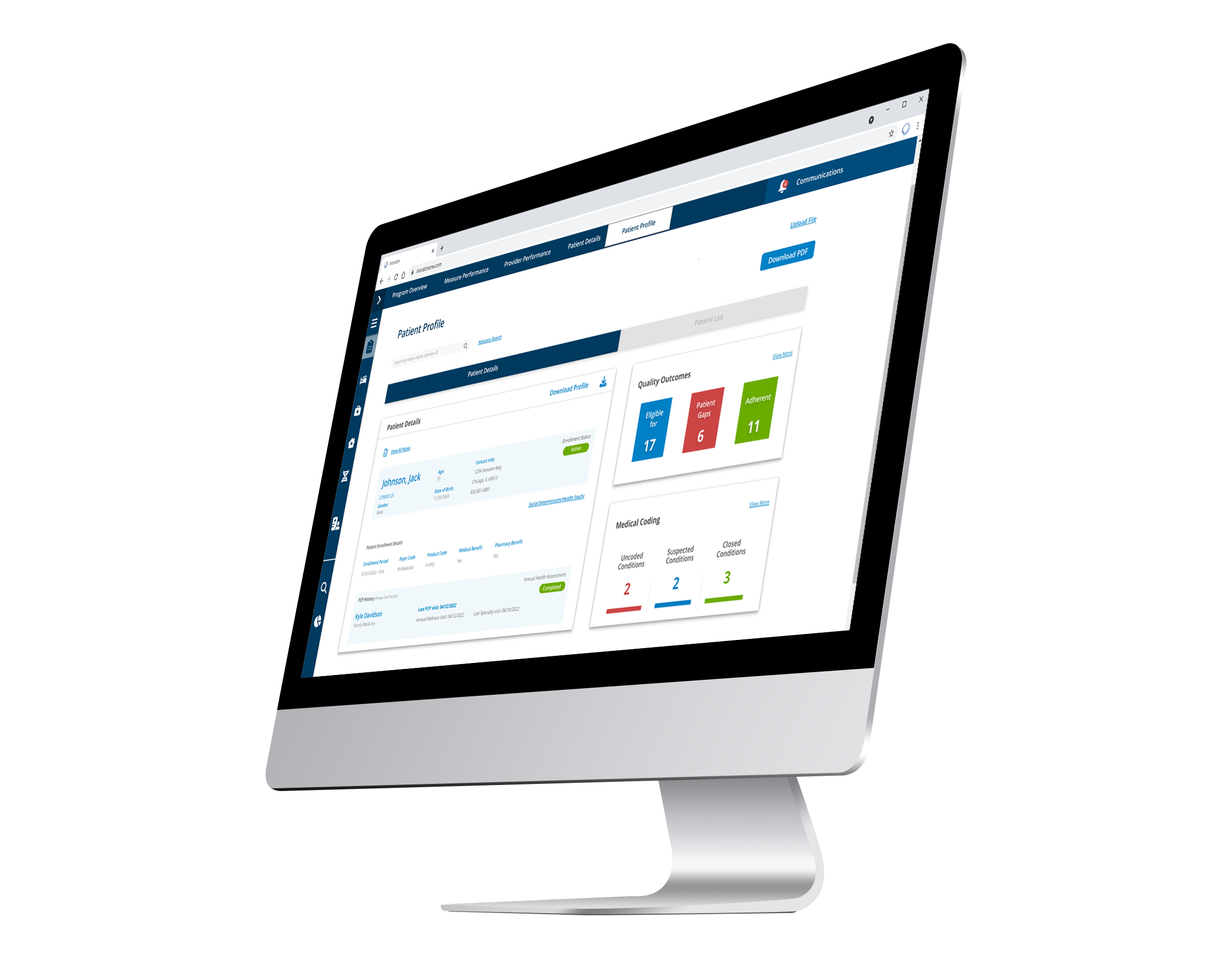 A desktop computer displaying a medical dashboard with patient profile details, quality measures, and alerts in a web browser, shown from a side angle on a white background.