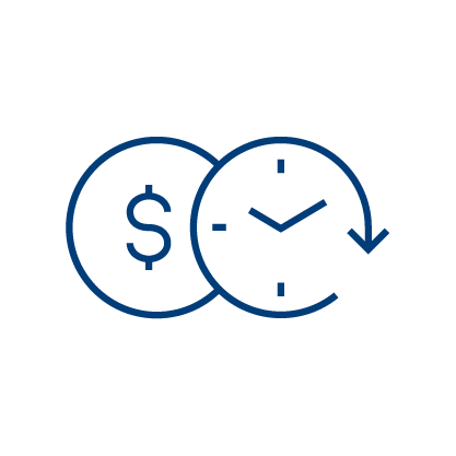 Two overlapping circles: one with a dollar sign and the other with a clock face and an arrow, symbolizing the concept of time is money.
