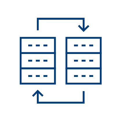 A simple blue line drawing of two server racks side by side, with arrows above and below indicating data transfer, synchronization, or data sharing APIs between them.