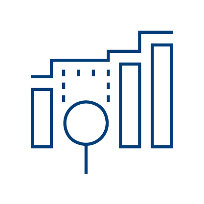 A blue outline icon showing a bar chart with four bars of varying heights, a magnifying glass overlapping the middle, and dashed lines connecting the tops of the bars. The background is light gray.