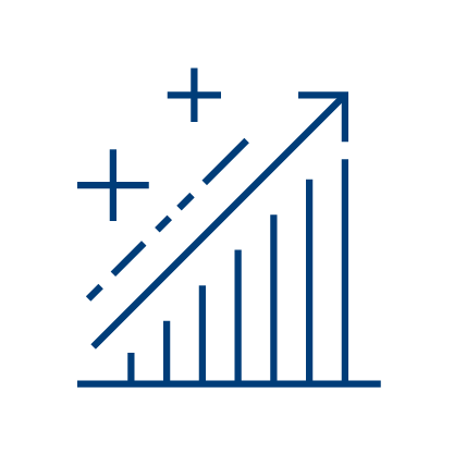 A blue line graph icon with vertical bars increasing from left to right and an upward arrow, symbolizing growth or progress. Two plus signs are above the graph, all on a light gray background.
