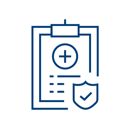 A simple blue line drawing of a medical clipboard with a plus symbol, a checklist, and a shield icon with a checkmark, representing health or medical insurance.