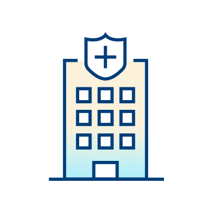 Simple illustration of a hospital building with a cross symbol on a shield at the top, featuring multiple windows and a central entrance, on a light background.