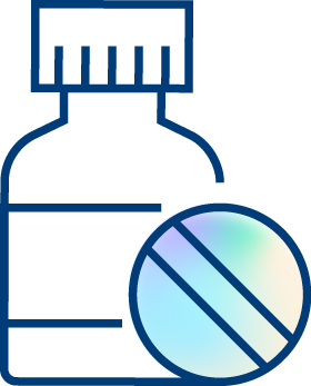 Simple line drawing of a medicine bottle with a large round pill in front of it. The pill has a gradient color and a dividing line across its center.