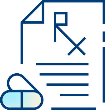 Stylized icon showing a prescription document with an Rx symbol and two overlapping pills in blue and yellow in the corner, representing medication or a pharmacy.