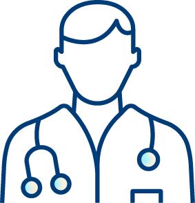 Simple line drawing of a doctor wearing a lab coat with a stethoscope around their neck. The figure has short hair and no facial features.