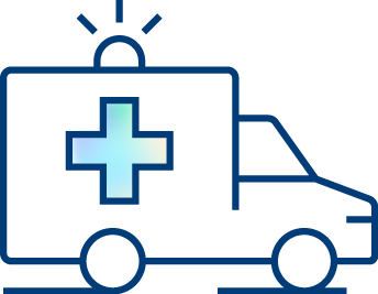 A simple line drawing of an ambulance with a blue cross symbol on the side and a flashing emergency light on top.
