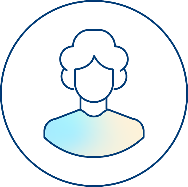 Simple line drawing of a person with short curly hair and no facial features, shown within a blue circular border. The figure’s shirt has a light blue and beige gradient.