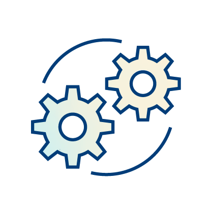 Two interlocking gears with curved arrows around them, symbolizing process, mechanism, or system operation. The gears are outlined in blue with light blue and light yellow shading on a light background.