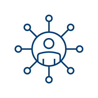 A simple blue line drawing of a person in a circle, with lines radiating outward to smaller circles, symbolizes networking and connectivity for a Clinical Trial Solution on a light gray background.