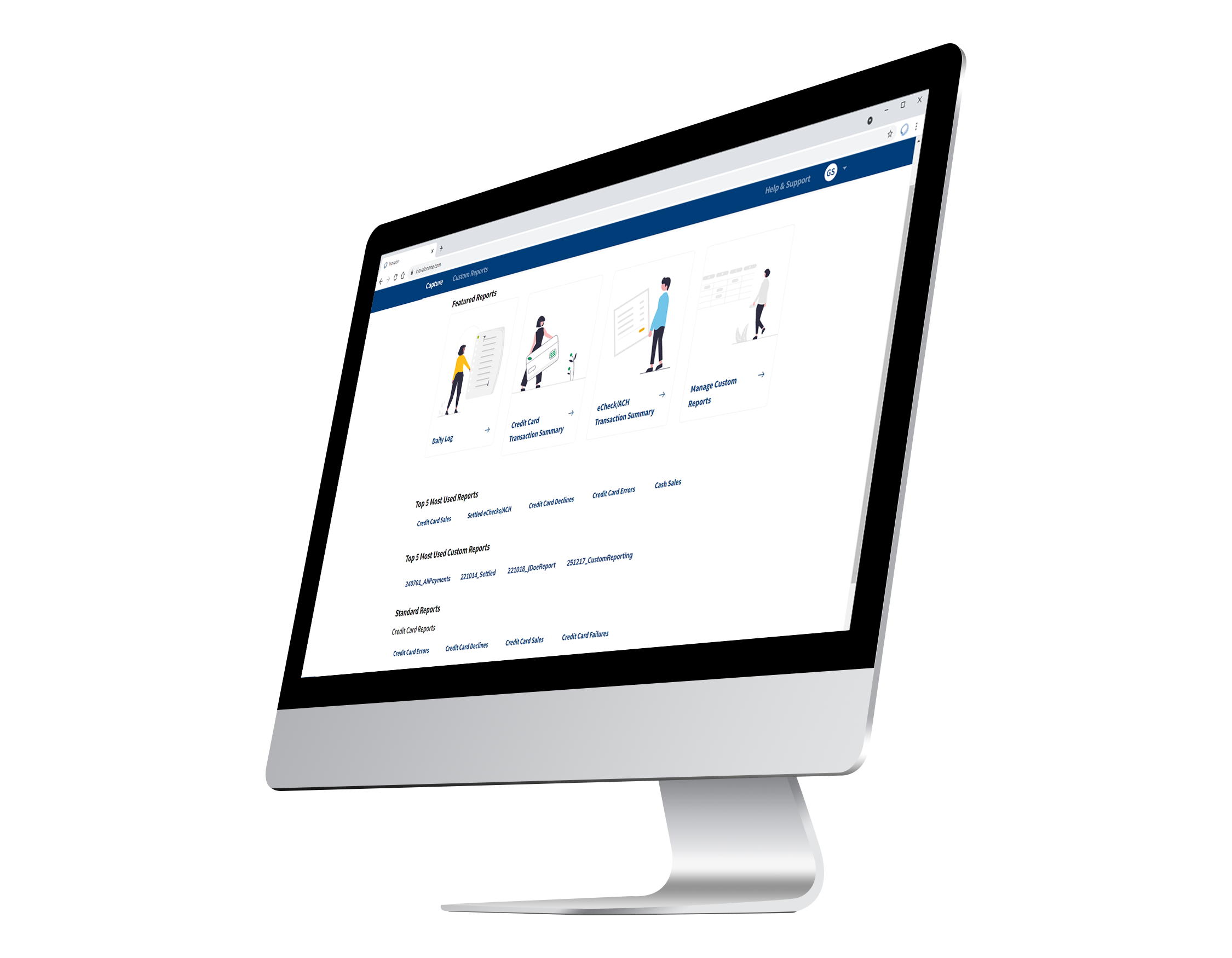 A modern desktop computer displaying a website with navigation links and illustrations of people working, set against a plain white background. The screen shows a clean, professional user interface.