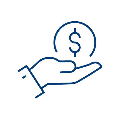 Simple line drawing of a hand facing upward with a dollar sign inside a circle above the palm, symbolizing receiving or offering money.