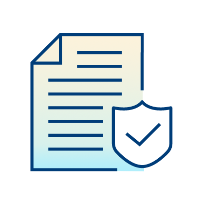 Icon of a document with horizontal lines representing text, accompanied by a shield with a checkmark, symbolizing document security or verified approval.