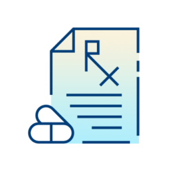 Icon of a prescription document with the Rx symbol, lines representing text, and two pills or capsules next to the paper, on a light gradient background—ideal for illustrating Vigilanz solutions at Freeman Health System.