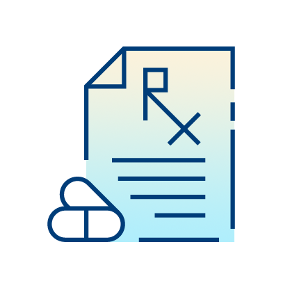 Icon of a prescription document with the Rx symbol, lines representing text, and two pills or capsules next to the paper, on a light gradient background—ideal for illustrating Vigilanz solutions at Freeman Health System.
