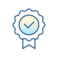 Outline of an award ribbon with a scalloped edge and a check mark in the center, symbolizing certification or approval, on a light background.