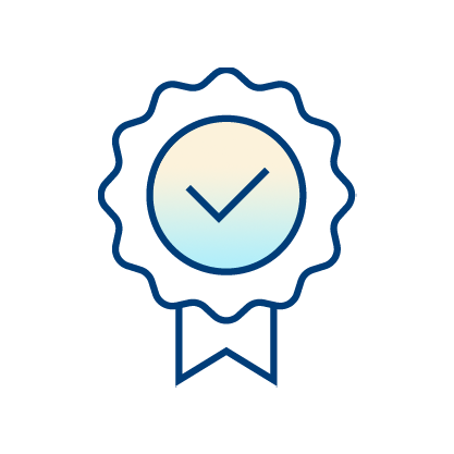 An icon of a blue and yellow gradient badge with a checkmark in the center and a ribbon at the bottom, symbolizing certification or approval to improve healthcare outcomes.