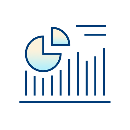 A simple illustration of a pie chart and a bar graph, both in blue with light gradient shading, representing data analysis or statistics on a light gray background.