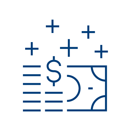 Simple blue line drawing of a dollar bill, a dollar sign, and several plus signs above, symbolizing financial growth, savings, or increased income, on a light gray background.