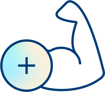Simple line drawing of a flexed arm muscle with a circular icon featuring a plus sign overlaying the bicep, symbolizing strength or muscle gain.