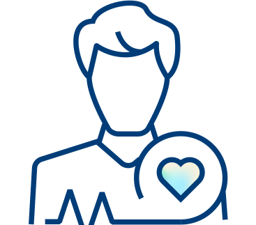 Simple blue outline of a person with a circular icon showing a heart over their chest, along with a stylized line representing a heartbeat at the bottom.