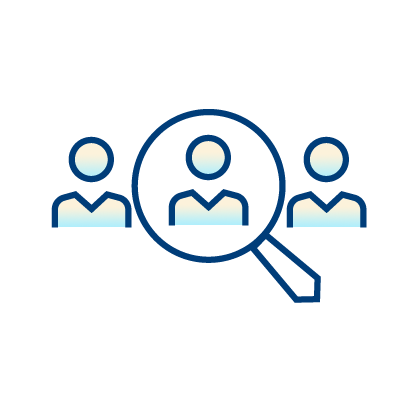 Illustration of three simple human figures with a magnifying glass highlighting the center figure, representing searching or selecting a person from a group.