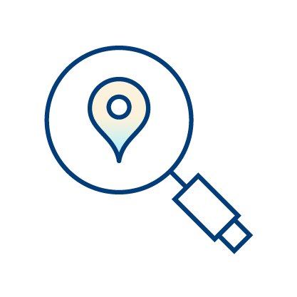 Simple line drawing of a magnifying glass focusing on a map location pin, symbolizing search or navigation.