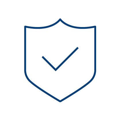 A simple blue outline of a shield with a check mark inside, symbolizing security or protection, on a light gray background.