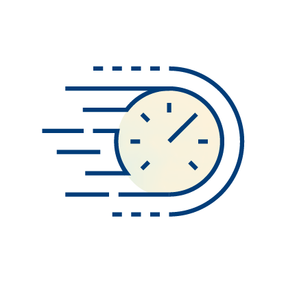 Illustration of a clock with speed lines trailing behind it, symbolizing the quick passage of time—perfect for representing a fast Clinical Trial Solution. The clock has simple black hands and marks on a light background.