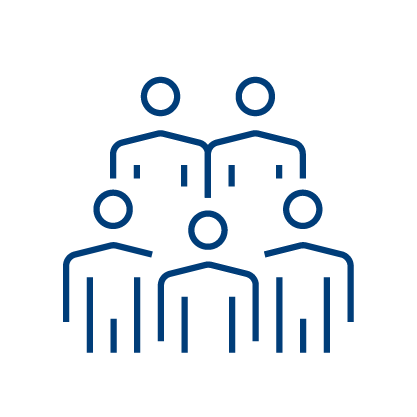 Simple blue line drawing of five human figures arranged in two rows, with three figures in front and two behind, on a light gray background, representing a group or team.