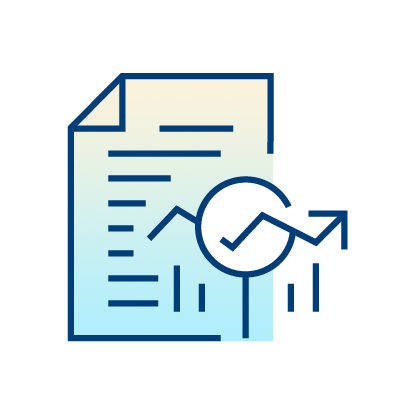 A simple illustration of a document with lines of text and a magnifying glass showing an upward trending graph, representing data analysis or financial growth.