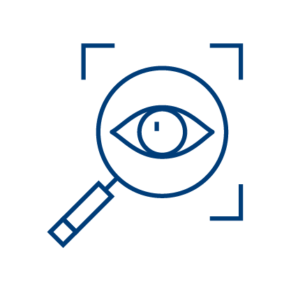 A blue line drawing of a magnifying glass centered on an eye, with four corner brackets surrounding the image, symbolizing focus, vision, or searching—ideal for representing a Clinical Trial Solution.