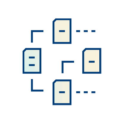A minimalist illustration of four documents connected in a circular network by lines, suggesting file sharing or data exchange—ideal for representing Insurance Eligibility Verification Software. Each document contains simple horizontal lines representing text.