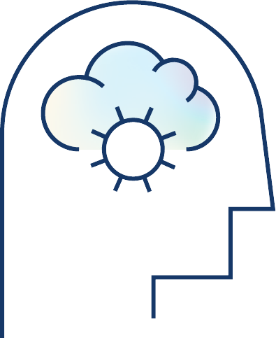 Outline of a human head with a cloud and sun icon inside, symbolizing thoughts or mental clarity.