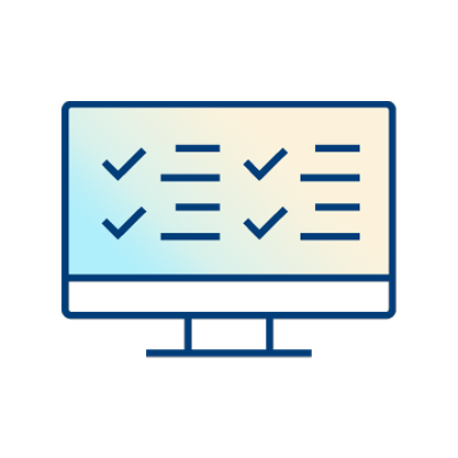 A simple graphic of a computer monitor displaying several rows of checkmarks, representing completed tasks or a checklist on the screen.