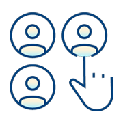 A blue outline drawing of three user icons arranged in a triangle, with a hand icon pointing to the top right user.