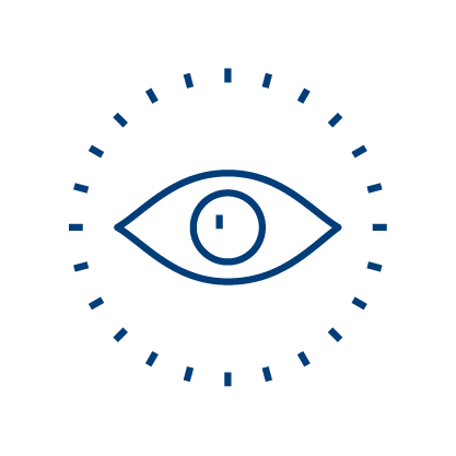 Simple blue outline of an eye with a circle and line inside the pupil, surrounded by evenly spaced dashed lines forming a larger circle—an ideal icon for Safety Event Reporting—on a light gray background.