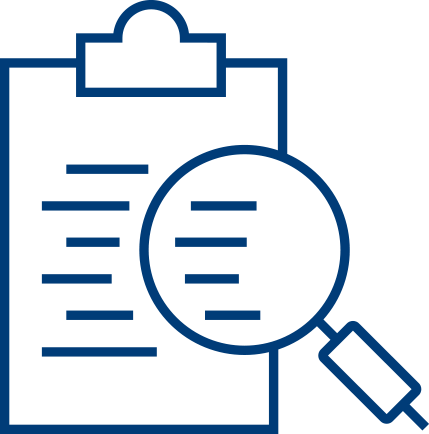 Blue outline illustration of a clipboard with lines representing text and a magnifying glass hovering over it, symbolizing review, inspection, or analysis of documents such as those involved in RADV audits.