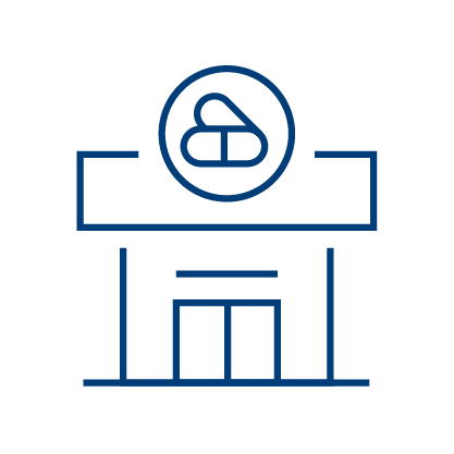 Simple blue line drawing of a pharmacy building with a pill and capsule icon above the entrance, on a light gray background, representing Pharmacy Surveillance Software.