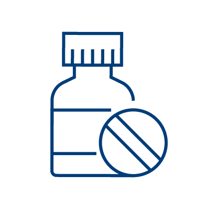Simple blue line drawing of a medicine bottle with a label, accompanied by a large round tablet or pill in front of it, on a light gray background—ideal for illustrating Pharmacy Surveillance Software.