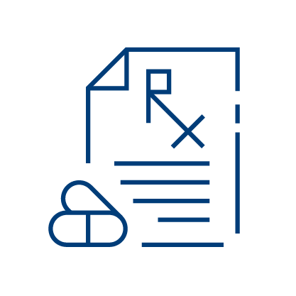 Line drawing of a medical prescription paper with an Rx symbol, horizontal lines suggesting text, and two pills at the bottom left—all in blue on a light background—ideal for illustrating Pharmacy Surveillance Software.