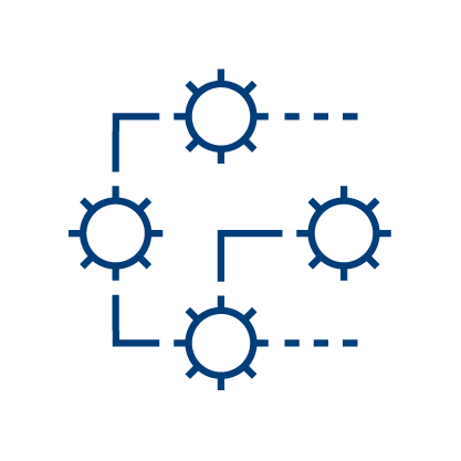 A diagram of five interconnected blue gear icons, linked by straight and dotted lines, illustrates a Safety Event Reporting process or workflow on a light gray background.