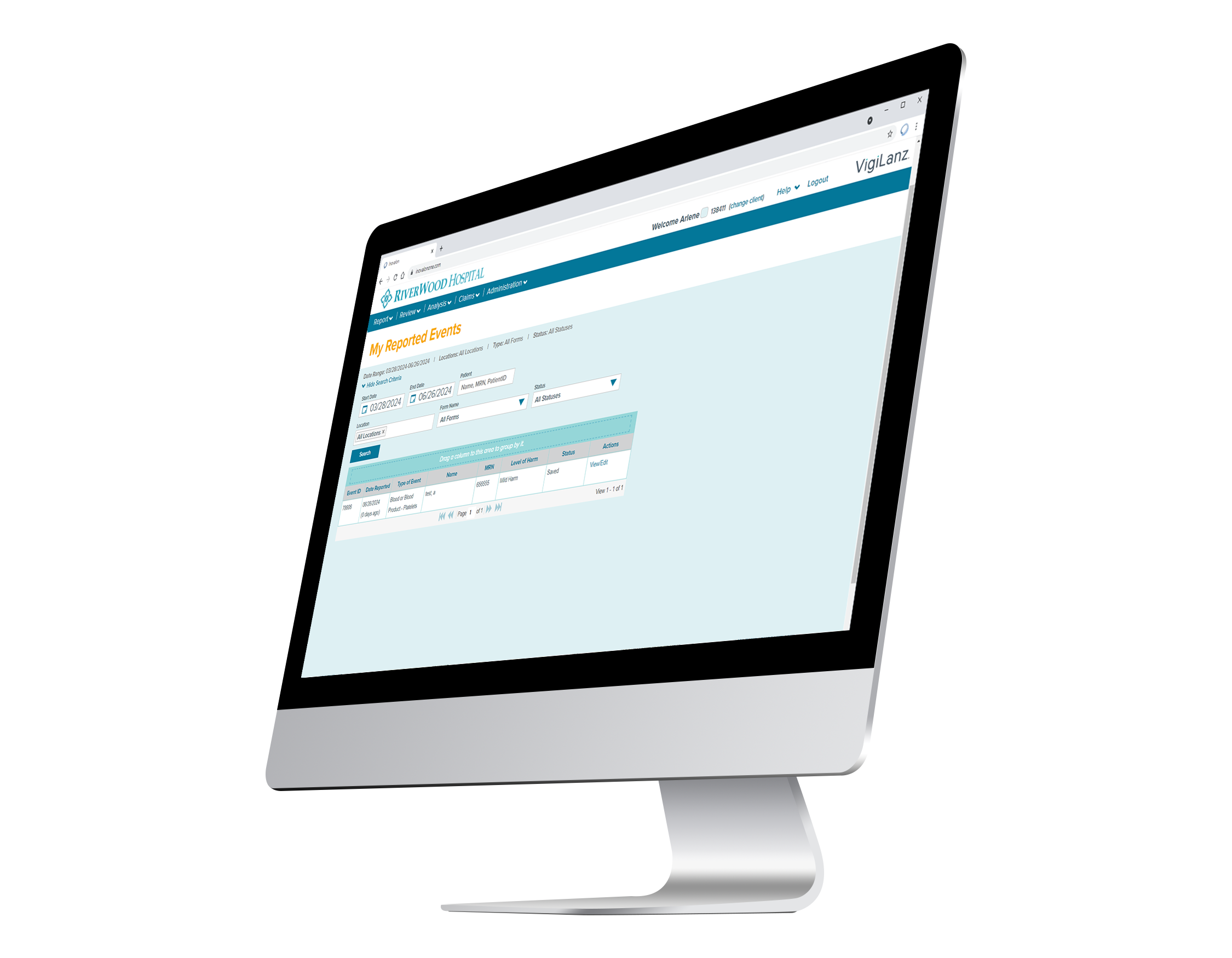 A widescreen computer monitor displaying Pharmacy Surveillance Software with a web application form titled My Requests Bases, showing fields and a table of request information on a light blue interface.