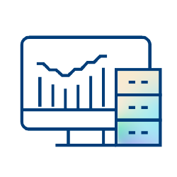 An icon showing a computer monitor displaying a line and bar graph, next to a three-drawer file cabinet, symbolizing data analysis and digital storage.