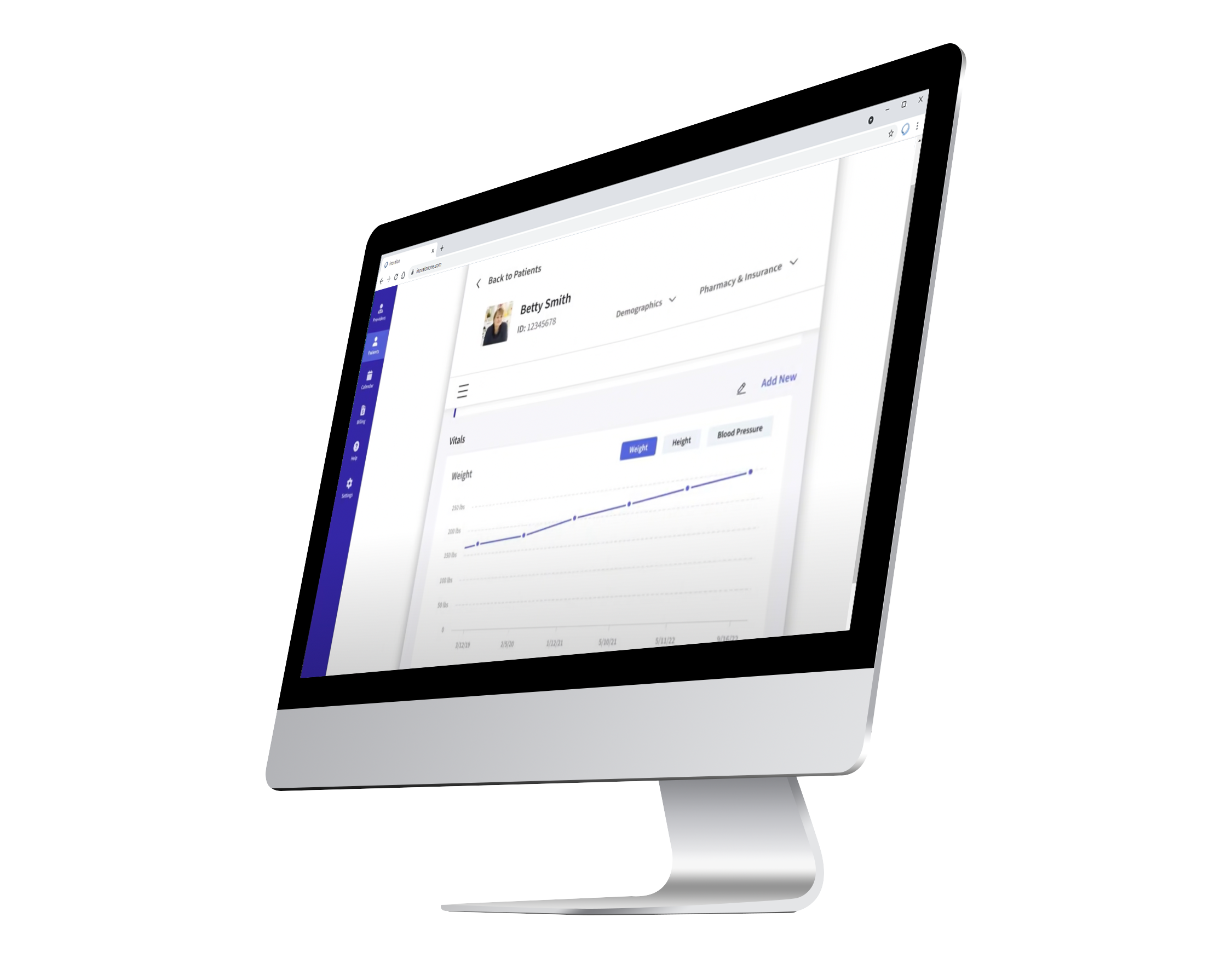 A computer monitor displays a user profile dashboard with a line graph labeled Weight tracking progress over time. The screen shows navigation menus and profile details on a white background.