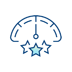 A simple gauge icon with a needle pointing to the center and three stars below, the middle star highlighted in blue—perfect for illustrating quality improvement solutions or representing an average or moderate rating.