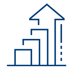 A blue outline of three ascending bars with an upward-pointing arrow above them, symbolizing growth or progress in Converged provider Enablement.